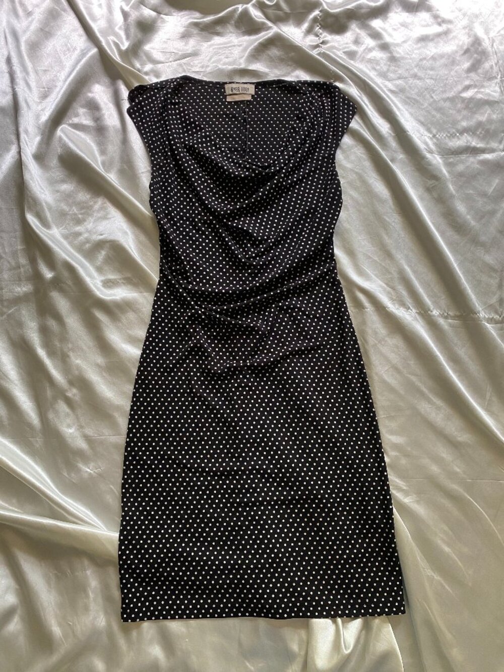 Vintage 1990s Black White Polka Dot Cowl Neck Bodycon Mini XS/S Going Out